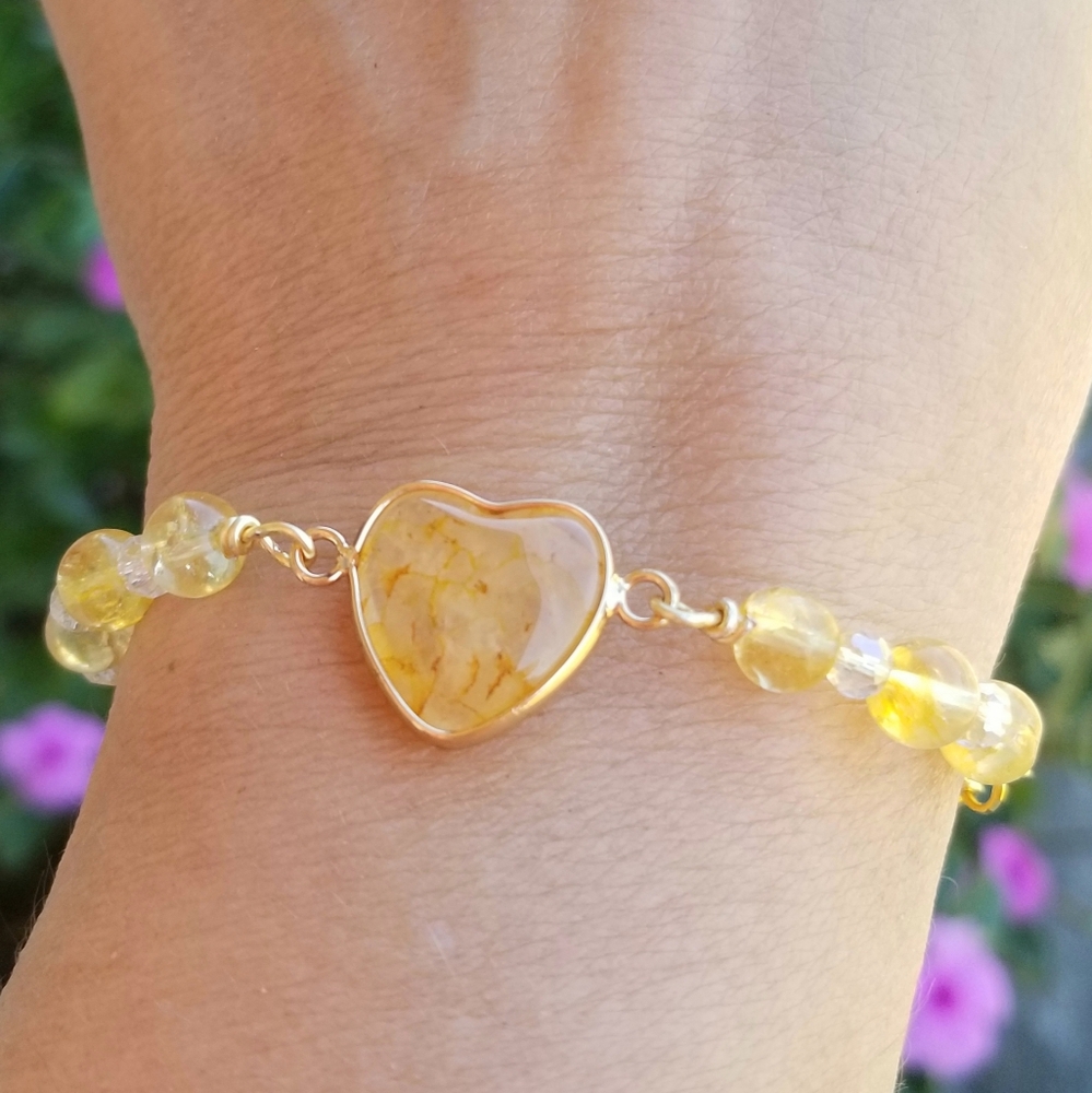 Gold Citrine Bracelet, Citrine Heart Bracelet, Citrine Bead Bracelet